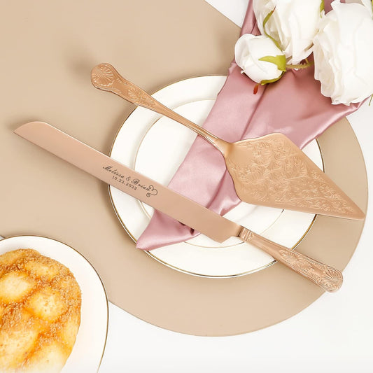 Cake Knife and Server Set, Personalized Cake Cutting Set For Wedding, Rose Gold Cake Cutter Pie Pizza Server Set, Engraved Cake Serving Set for Anniversary Birthday Party Gift (Rose gold)