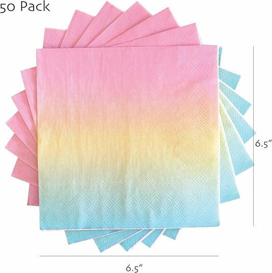 Party Paper Napkins - 50 Pack Pastel Birthday Disposable Paper Napkins with on Pink Yellow Blue Ombre Gradient for Cocktail Party Supplies - 6.5" x 6.5" inches (Any Occasion)