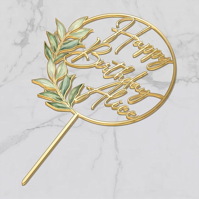 Happy Birthday Cake Topper Custom Name Personalized Birthday Cake Decoration with Green Leaves (Style 01)