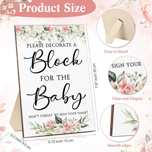 Tatuo 75 Pcs Baby Shower Games Sign Kit Including Decorate a Block Game Sign 50 DIY Wooden Block 24 Acrylic Paint Marker Baby Shower Prize for Gender Reveal Party(Floral)