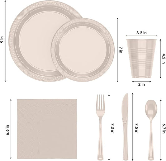 350 Pcs Ivory Plastic Plates For Party, Ivory Disposable Plates Set, 50 Of Each 9" Dinner Plate Set, 7" Dessert Plate, Cups, Napkins & Cutlery Plastic Dinnerware Exquisite