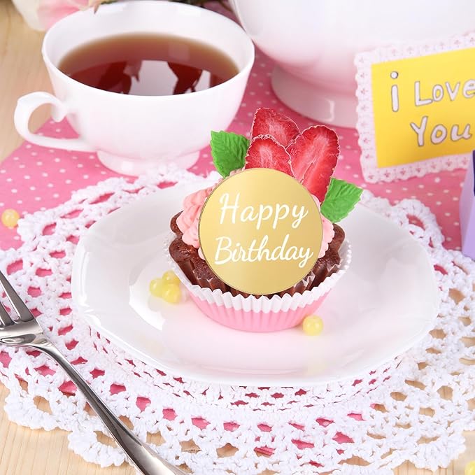 20 Pieces Happy Birthday Acrylic Cake Topper Round, Gold Disc Circle Engraved Personalized Mini Custom Mirror Set for DIY Cupcake Decoration