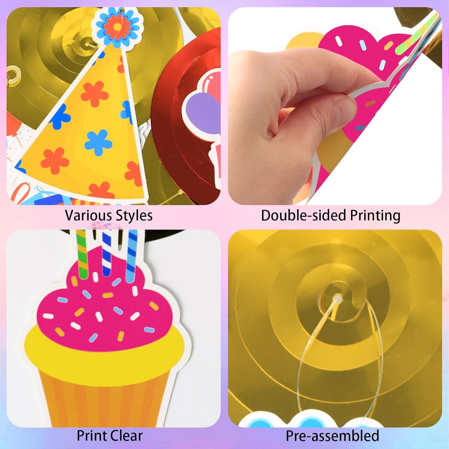40Pcs Birthday Hanging Swirls, Colorful Cupcake Balloon Sign Swirl Decor Birthday Ceiling Decorations Happy Birthday Hanging Swirl Decorations for Baby Shower Birthday Party Supplies