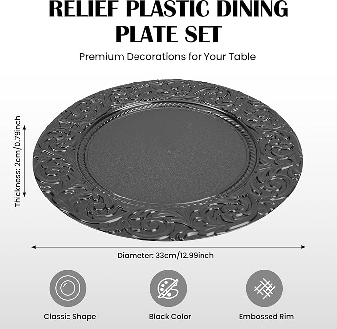 100 Pcs Black Round Charger Plates Bulk, 13 Inch Reusable Antique Charger Plates Set Plastic Embossed Dinner Plate for Table Setting Wedding Party Event Tabletop Setting Decor (Black)