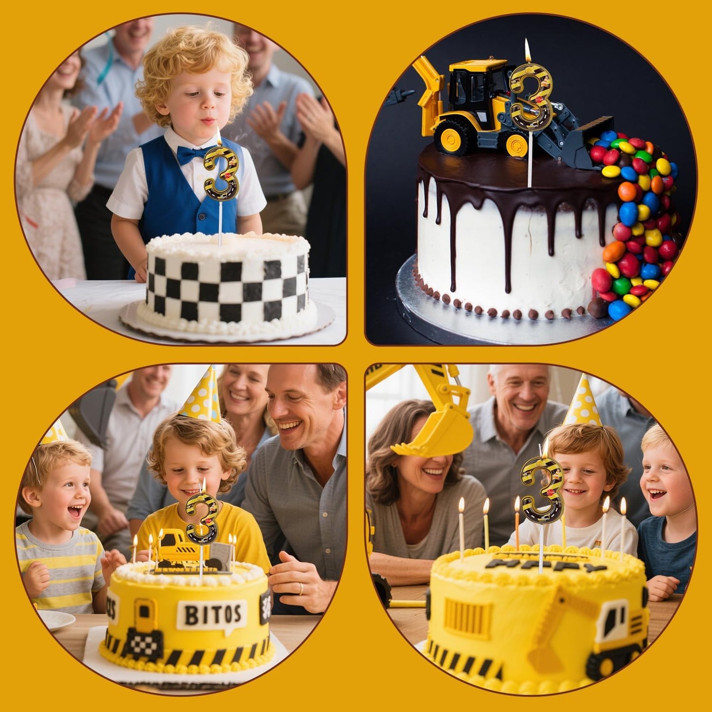 Construction Birthday Number Candles, Yellow & Black Striped Cake Topper Building Theme Party Decorations for Graduation Anniversary Celebration (Number 3)