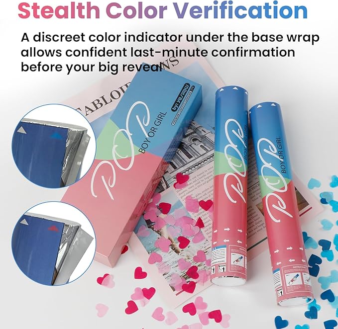 Gender Reveal Confetti Poppers, Blue Confetti Cannon 2 Pack with Heart Shaped Party Confetti for Baby Shower, Birthday, Gender Reveal Party Supplies - 12 inch