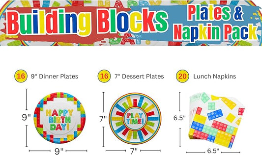 Blue Orchards Building Blocks Party Plates and Napkins (52 pieces for 16 Guests) - Building Block Supplies, Gamer Birthday Decorations, Gamer Party Supplies, Blocks Decor, Brick Birthday