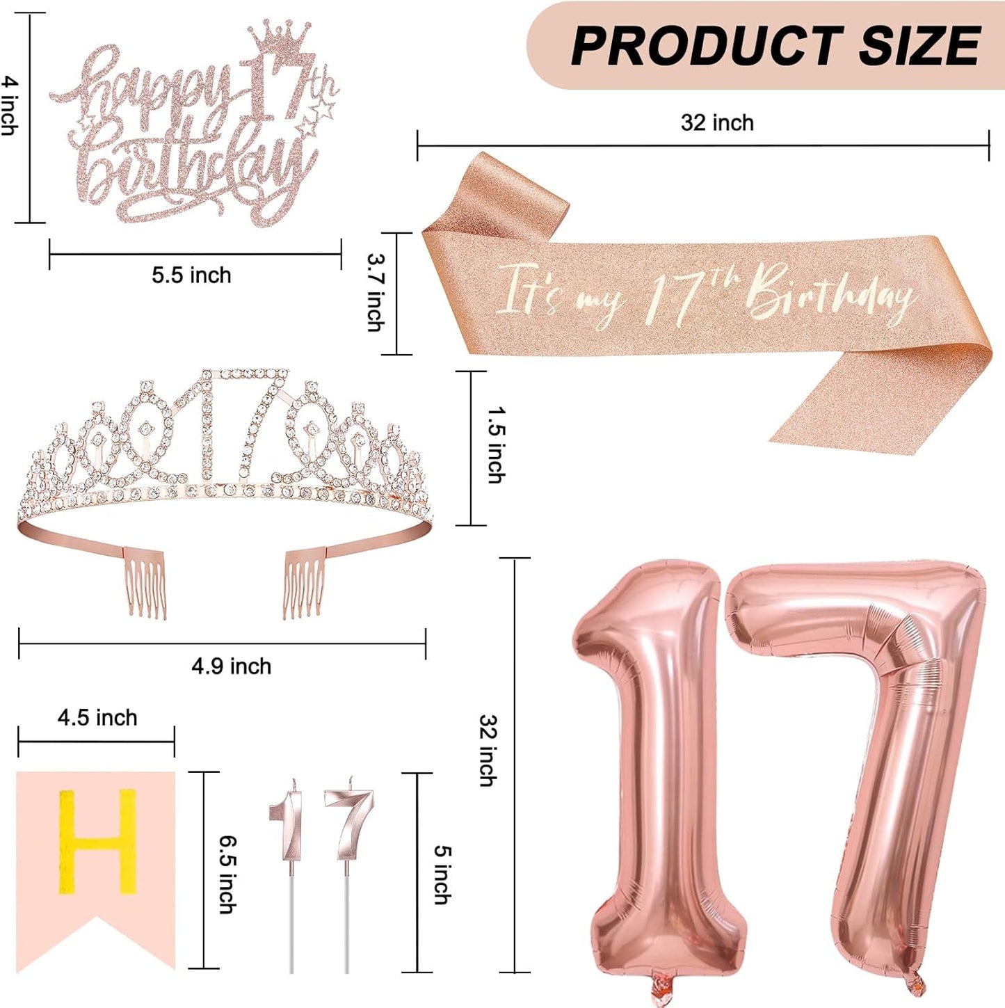 17th Birthday Decorations for Girls, Including 17th Tiara and Sash, Happy Birthday Banner, Cake Toppers, Number Candles and Balloons Set, Rose Gold
