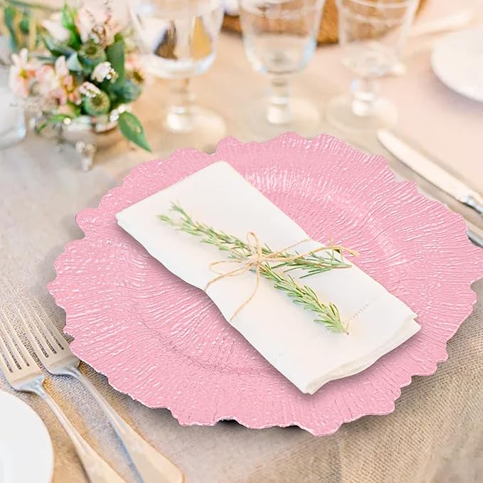 Teruntrue 24 Pcs Pink Charger Plates Bulk 13 Inch Plastic Charger Plates for Dinner Plate, Pink Chargers for Table Setting, Reef Design Plate Floral Decorative Round Chargers for Wedding Party Event