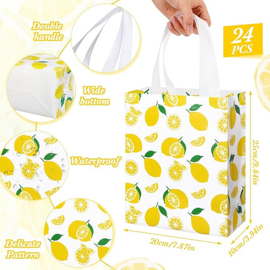 Supervitae 24 Pack Yellow Lemon Gift Bags Medium Goodie Summer Fruit Party Favor Bags Reusable Non Woven Totes for Lemon Birthday Wedding Baby Shower Party Family Holiday Travel(9.8" x 7.9" x 3.9")
