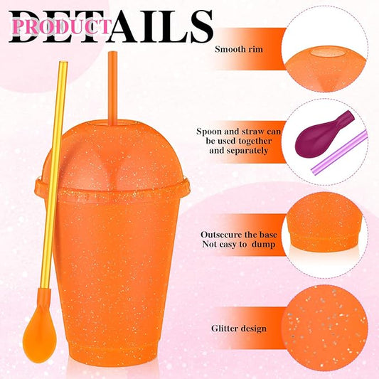 6 Set Slushie Cups with Dome Lids and Straws Detachable Spoon Straws Reusable Plastic Iced Coffee Cups Smoothie Tumbler for Birthdays Summer Party Supplies (Mixed Color,16 oz)