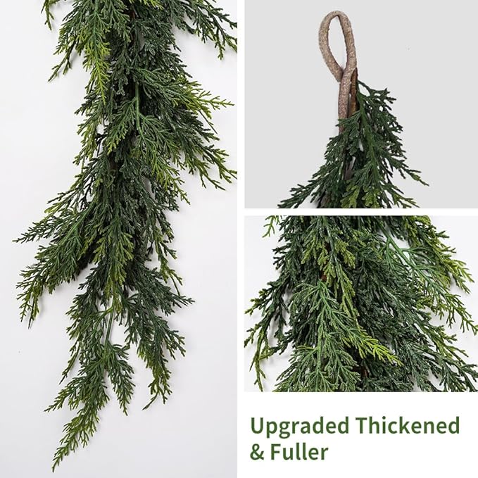 Christmas Cedar Garland,1Pcs 6ft Real Touch Cedar Pine Garland for Mantle Fireplace Outdoor Indoor Christmas Decorations