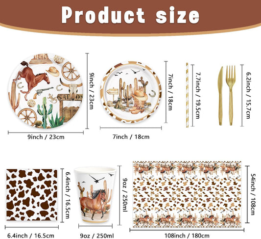 141pcs Cowboy Party Decorations,Cowboy Party Disposable Tableware Includes Dinner Plate Dessert Plate Paper Napkin Cup Knife Fork Straws Tablecloth Western Cowboy Baby Shower Supplies set