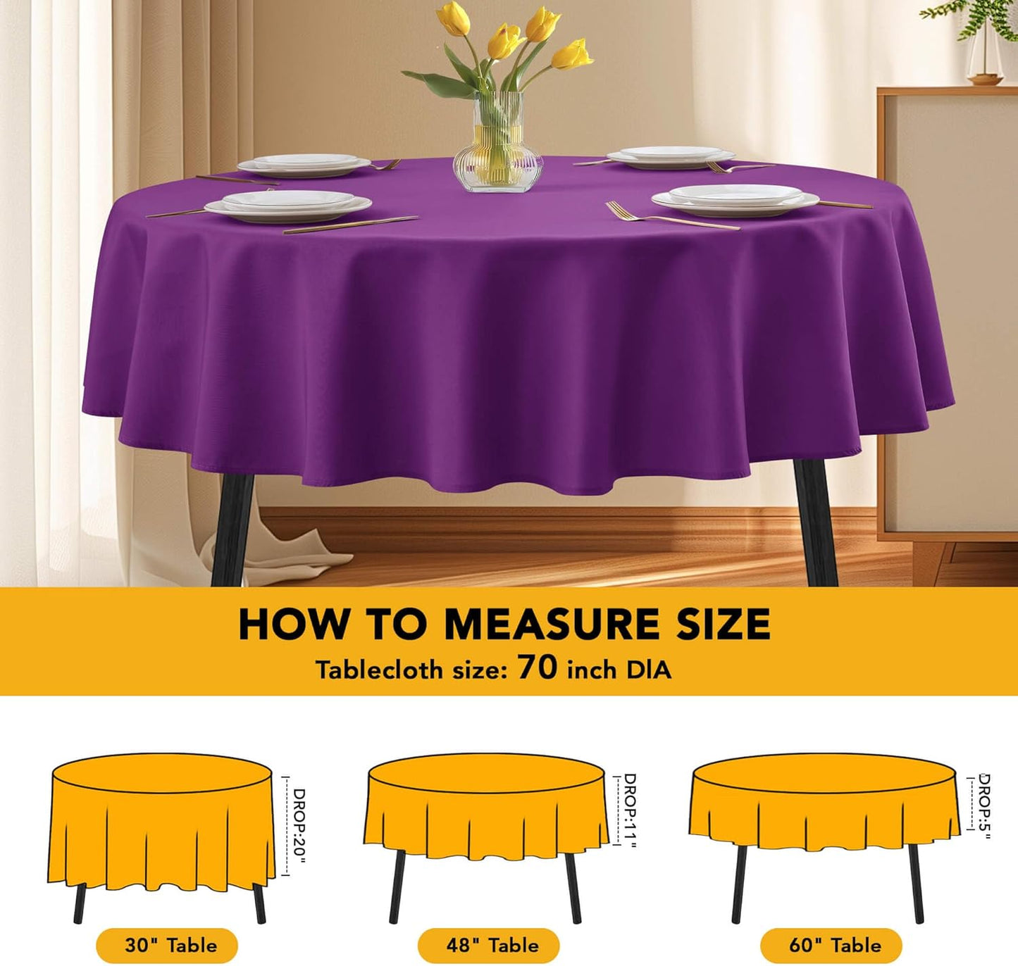 10-Pack Purple Round Tablecloths, 70 Inches, Stain-Resistant Polyester for 3-4 Ft Round Tables - Washable Table Covers for Weddings, Banquets, Birthday Parties, Events