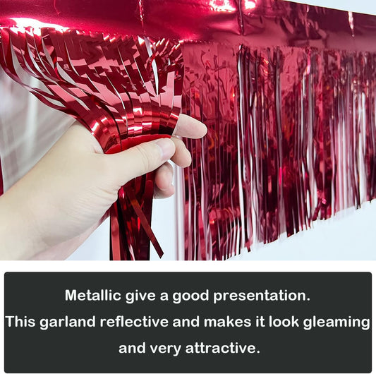 3 Pack Total 30 Feet Foil Fringe Garland Metallic Wall Hanging Drapes Tassel Skirting Tinsel Streamers Decorations for Parade Float Trailer Mardi Gras Party Birthday Wedding (Red)