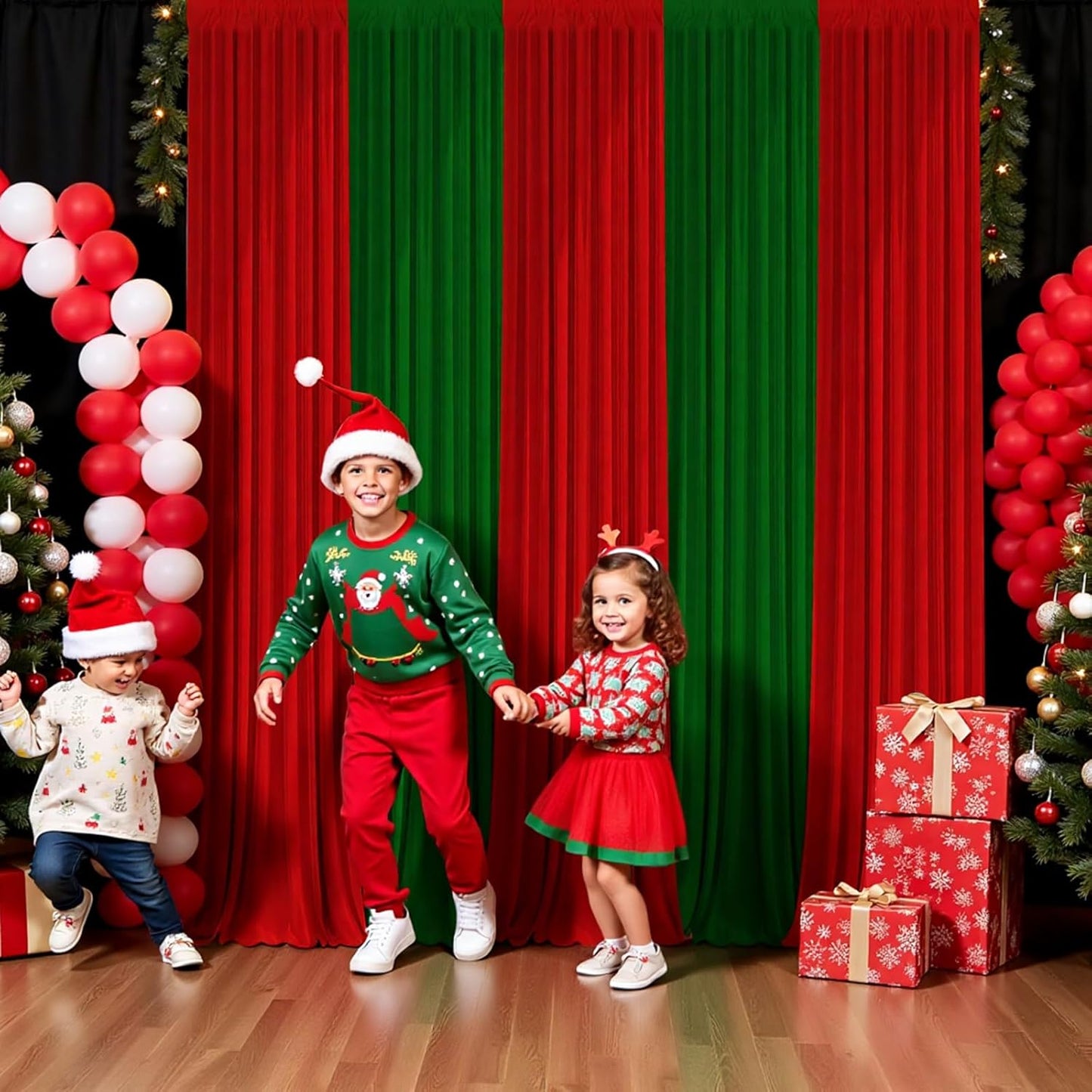 Christmas Backdrop Curtain - 10×7ft Red & Green Holiday Party Background Decor for Xmas Tree Photos, Home Festive Wall, Mall Santa Booth, Reusable Winter Celebration Decoration for Families