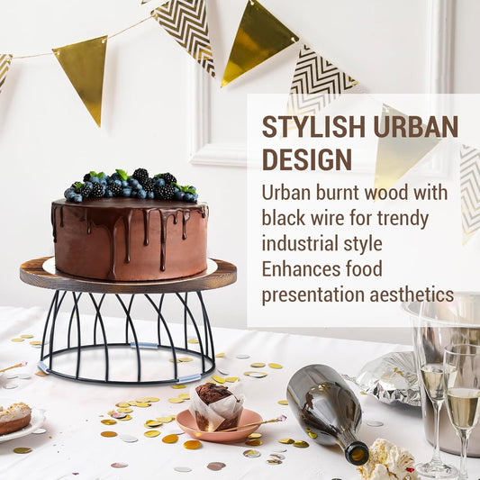 MyGift 12 Inch Round Rustic Burnt Solid Wood and Black Metal Wire Food Serving Stand, Table Display Riser for Pizza Cake Cupcake Pie Dessert Wedding Party Urban Decor