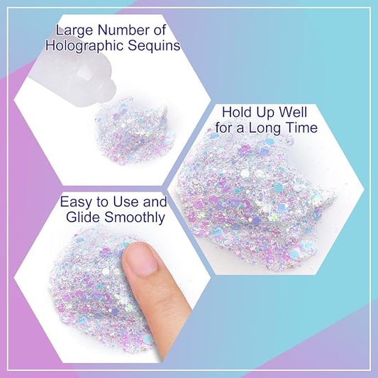 MEICOLY Chameleon Iridescent White Body Glitter,Holographic Face Glitter Paint Ice Themed Aerial Performance,Self-Adhesive Color Changing Mermaid Face Glitter,Opal Glitter for Hair,Festival Party