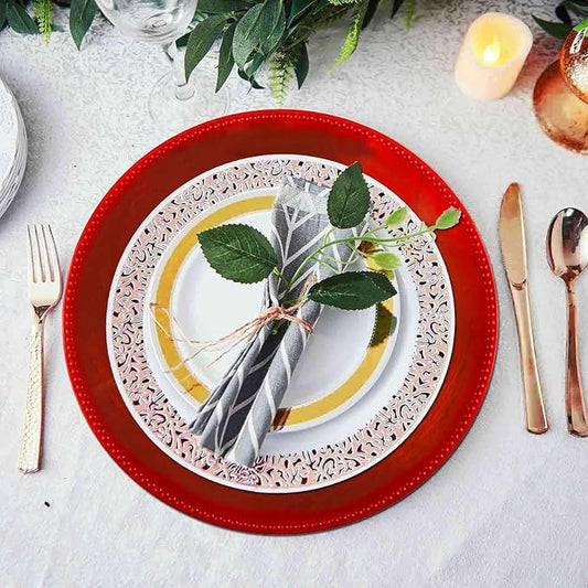 Efavormart 6 pcs 13" Red Beaded Round Charger Plates for Tabletop Decor Holiday Wedding Catering Event Decoration