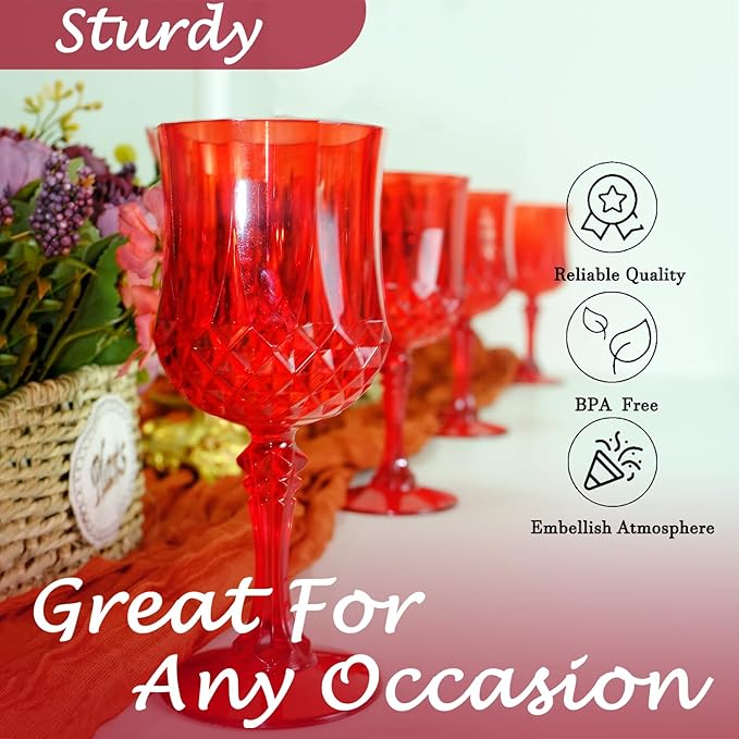 Plastic Wine Glasses, Plastic Goblets Vintage Style Cordial Unbreakable Drinking Glasses, Reusable Drinkware for Wedding Reception, Grand Event Party Supplies, Easter (48, Red)