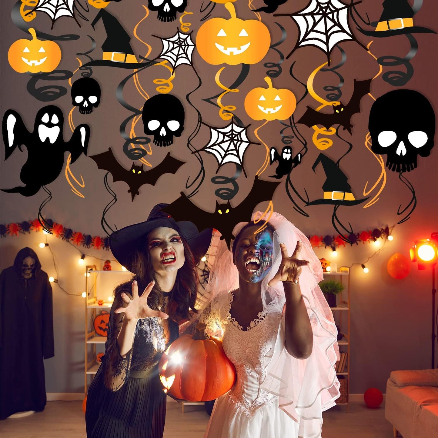 Zayvor 40CT Halloween Hanging Swirl Decorations,Outdoor Indoor Hanging Ceiling Streamers and Strings Decor, Hanging Ghost Bats Spider Halloween Decorations Holiday Decor Supplies,Black Gold