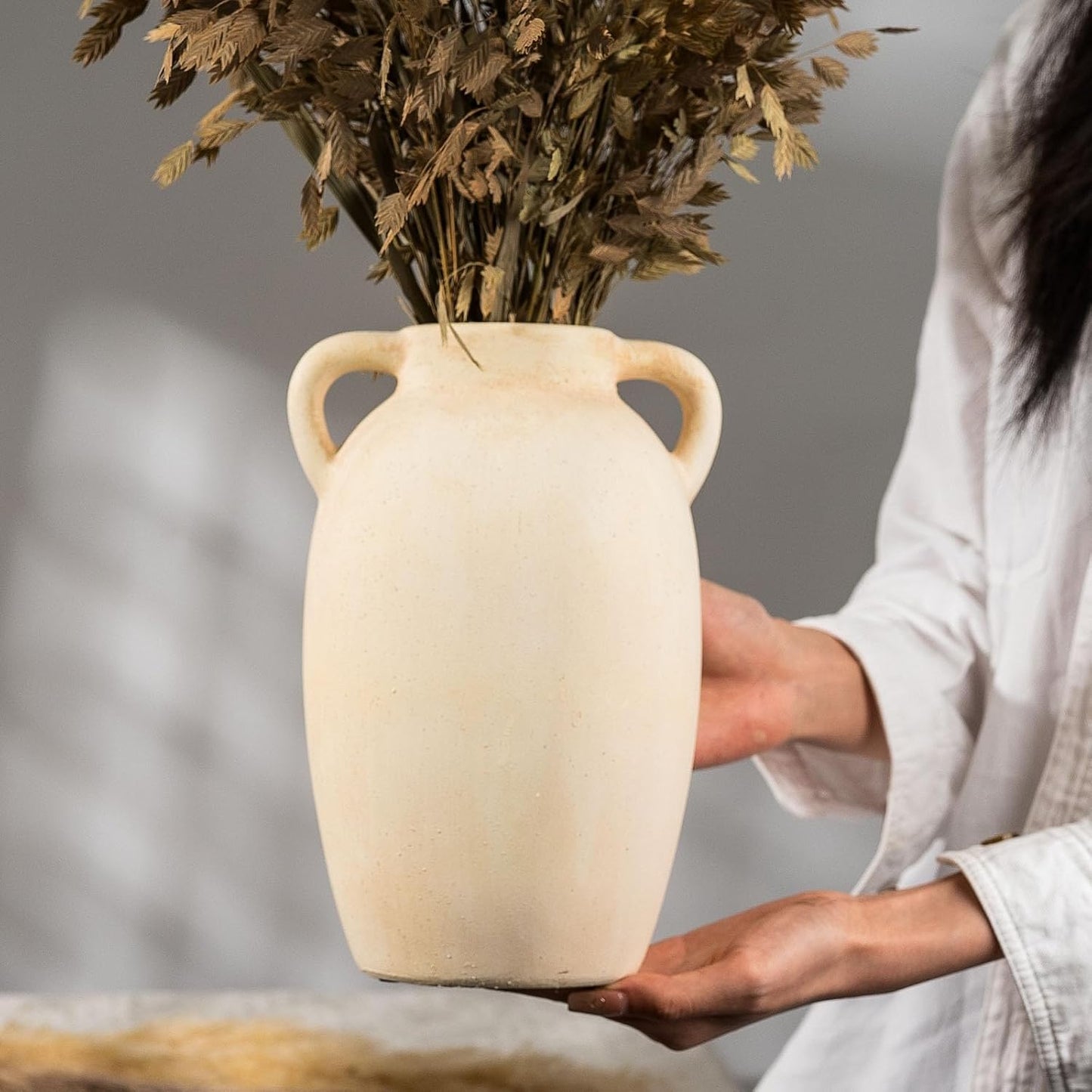 Rustic Ceramic Flower Vase with 2 Handles, Small Decorative Terracotta Boho Vase for Living Room, Table Centerpiece, Shelf Decor, Farmhouse, Entryway - 9.8 Inch Tall, Vintage White