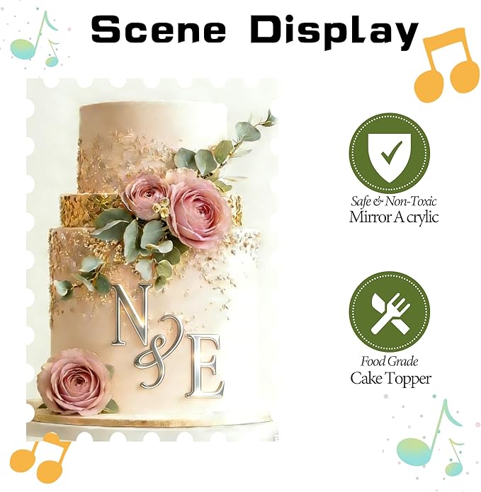 28 Pcs Silver Acrylic Wedding Cake Topper Personalized Diamond Ring and Alphabet A-Z Cake Picks for Marriage Engagement Anniversary Valentines Party Decorations Supplies