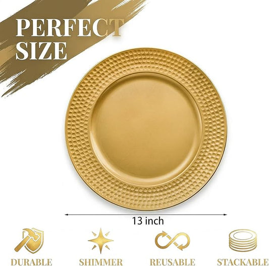 Nicunom 12 Pack Gold Charger Plates, 13 Inch Round Charger Plates with Hammered Rim, Plastic Charger Plate for Wedding Dinner Party Event Decoration