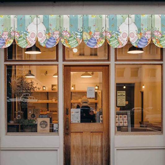 Cute Easter Bunny Banner 4Pcs Indoor Outdoor Hanging Banner Flag Eucalyptus Leaves Colorful Eggs Wooden Sign for Fireplace Mantel Decorative Bunting Garland Valance for Shop Door Decor 7.9"x11.8"