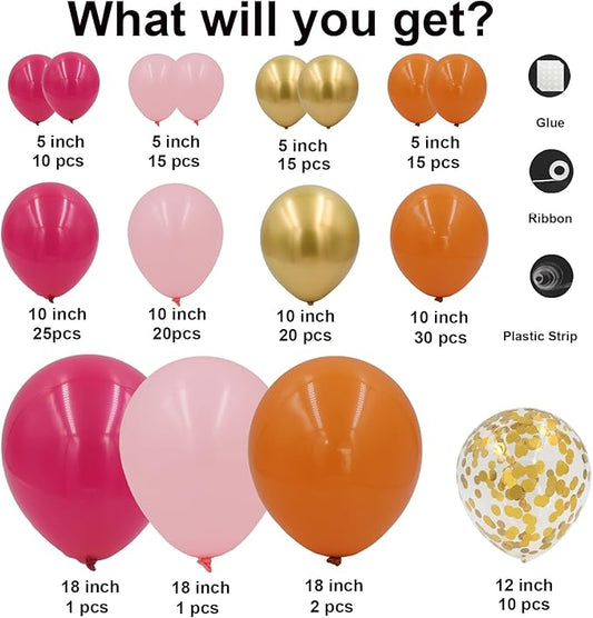 Pink and Orange Balloons Arch Kit - 164pcs Hot Pink and Orange Metallic Gold Confetti Balloons in Different Size 18 12 10 5inch for Summer Tropical Birthday Sunset Party Graduation Decorations