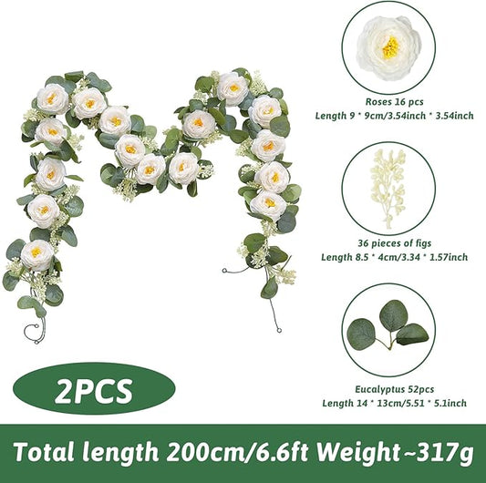 MAKHOT 2Pack White 6.6Ft Artificial Eucalyptus Garland with Flowers, Fake Rose Gypsophila Vine Rose Garlands Decor, Floral Flower Greenery Garland for Wedding Home Table Decor (White)