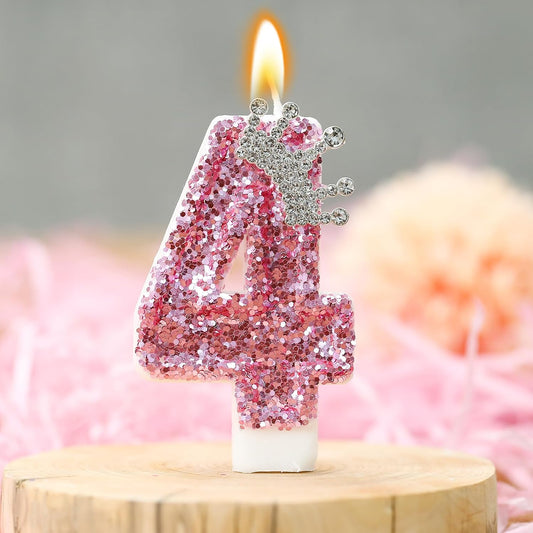 Birthday Number Candles,Pink Crown Birthday Candles for Cake,Glitter Number 4 Candle Cake Topper with Sequins for Girls,Women, Anniversary Celebrations Supplies (Pink 4)