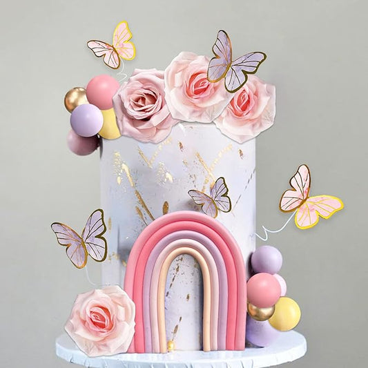 52Pcs Rainbow Cake Topper Butterflies Cake Decorations with Colorful Balls Flower Cake Toppers for Women Girls Kids Birthday Baby Shower Wedding Rainbow Flower Butterfly Themed Party Supplies