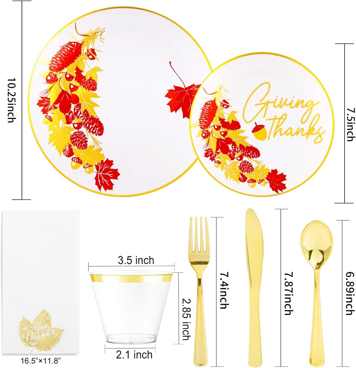 Hioasis 175pcs Thanksgiving Plastic Plates - White and Gold Disposable Plates include 25 Dinner Plates-25 Dessert Plates-25 Knives-25 Forks-25 Spoons-25 Cups-25 Napkins for Thanksgiving Party