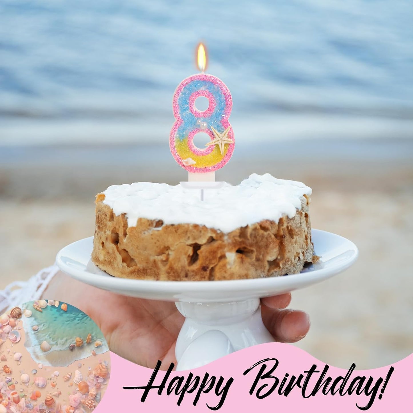 8th Birthday Candle for Cake, Pink Beach Starfish Sequins Number Candles, 2.76 inch Pink Cake Topper Decoration for Birthday Party (Number 8)