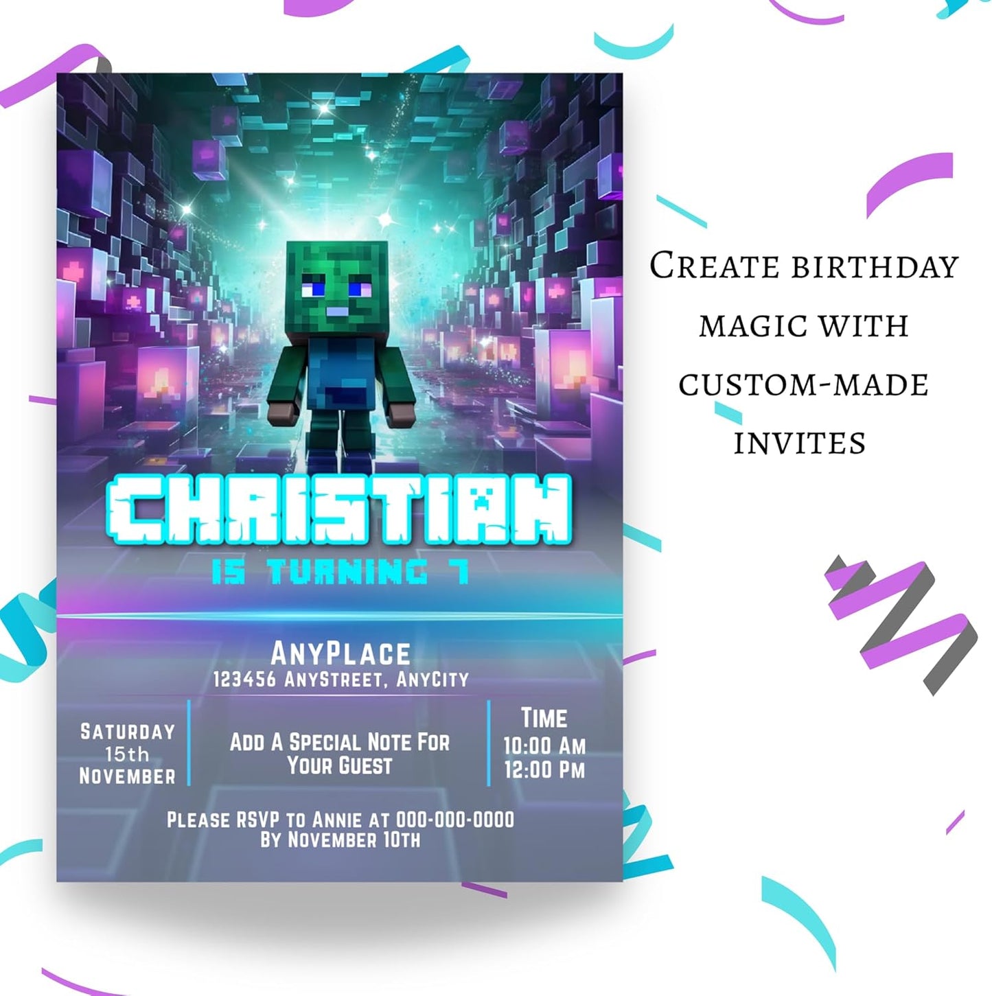 Fully Customizable minecraft Birthday Party Invitations, 4 x 6 inches, with Self-Sealing Envelopes, Gaming Theme Design, minecraft Birthday Invitations for Boys and Girls (Minecraft/Block)