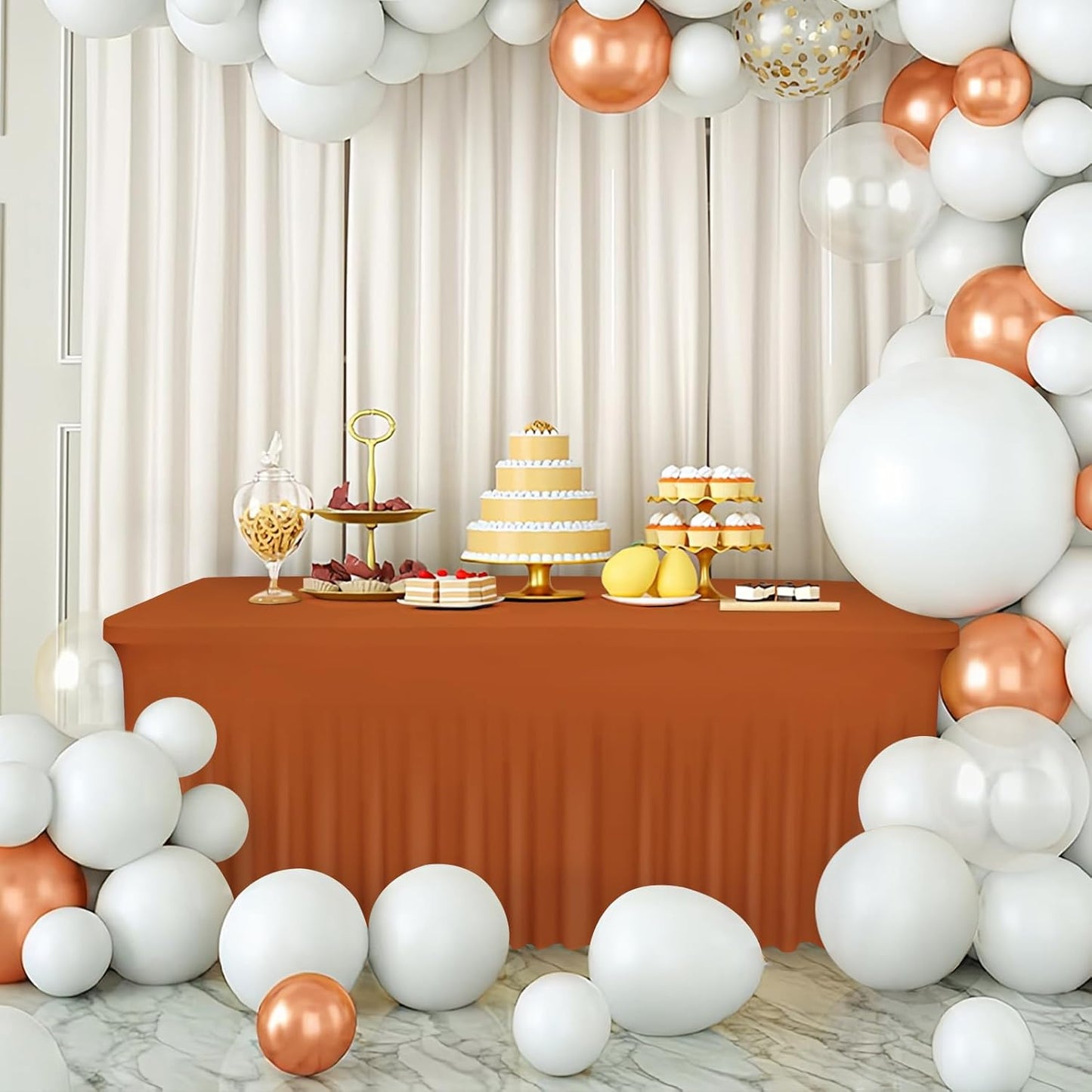 Table Skirts for 8ft Rectangle Tables - 1PCS Light Brown Table Covers for 8 Foot Tables, Wrinkle Resistant Ruffles Elastic Table Cloths and Table Skirt for Banquets/Weddings/Parties/Birthday