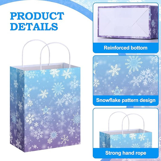 ReliThick 30 Pcs Snowflake Paper Bags Iced Candy Treat Goodie Gift Bags with Handle Blue and Purple Party Favors for Princess Holiday Birthday Wonderland Party Supplies (8.27 x 10.63 x 4.33 inches)