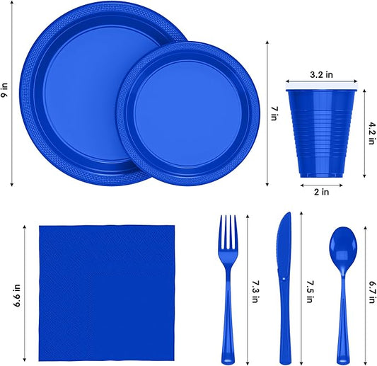 350 Pcs Dark Blue Plastic Plates For Party, Dark Blue Disposable Plates Set, 50 Of Each 9" Dinner Plate Set, 7" Dessert Plate, Cups, Napkins & Cutlery Plastic Dinnerware Exquisite