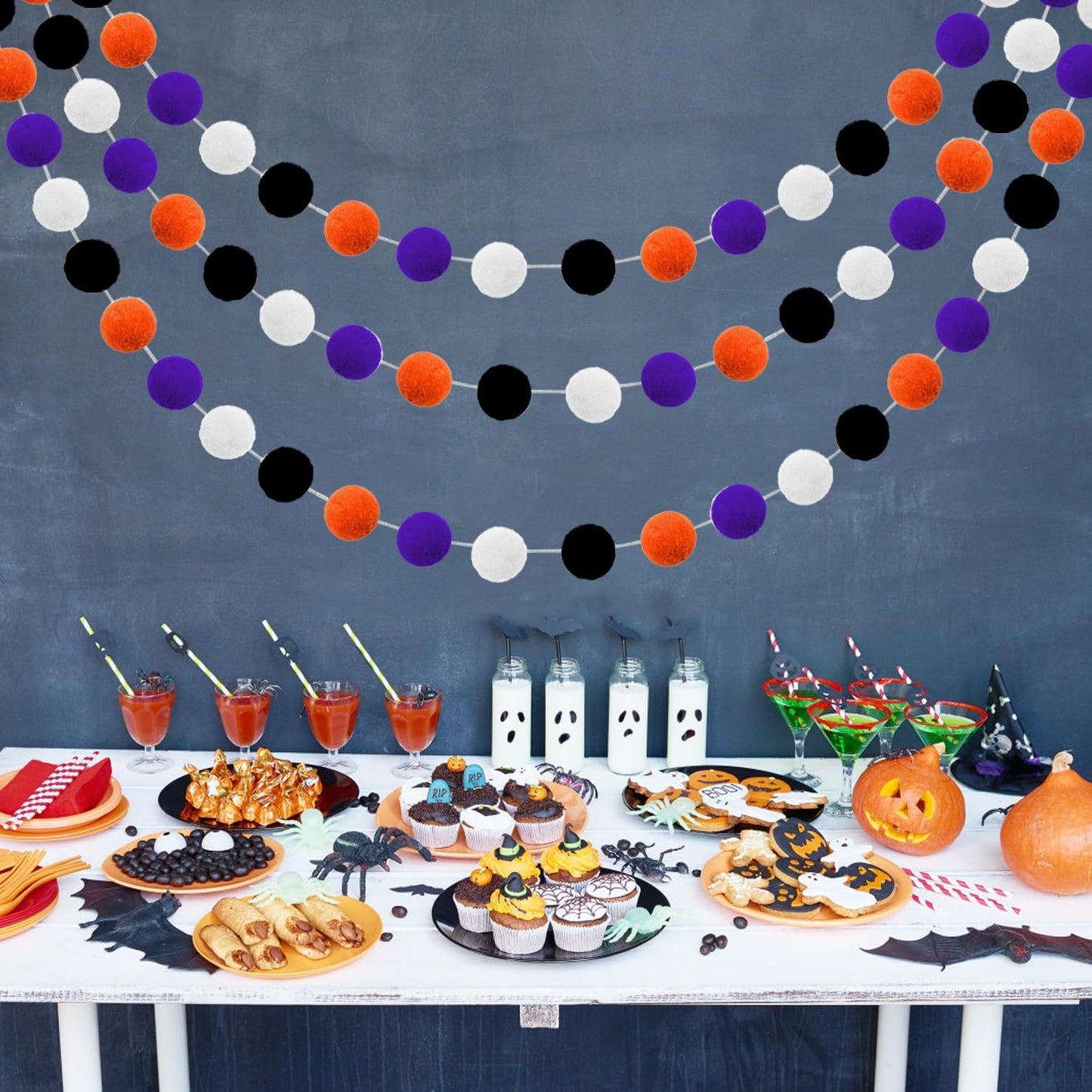 Halloween Pom Pom Garland Halloween Decorations 3pk Orange Purple Black White Felt Ball Garland Cute Hanging Decor for Room Home Office Classroom Wall, Fall Wedding Birthday Party Decorations Supplies