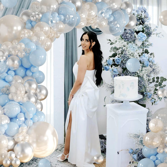 CROSSFINGERS Pearl Blue and White Balloon Garland Arch Kit, 128pcs Light Blue Silver White Balloons with Pearl Stickers for Birthday Wedding Baby Shower Bridal Shower Engagement Party Decorations