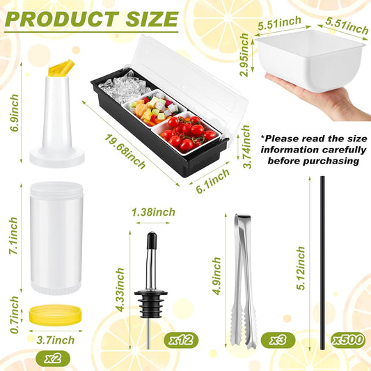 Mifoci Garnish Tray with Lid Bar Caddy 3 Tier Glass Rimmer 12 Stainless Steel Bottle Pourers 2 Plastic Juice Pour Bottles 1000 Count Cocktail Straws 3 Serving Tongs(3 Compartments,Plastic)