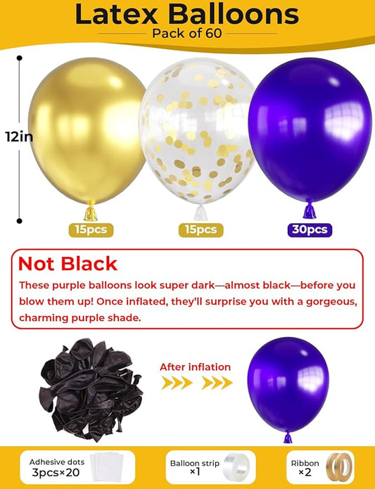 Purple and Gold Balloons,12 In 60 Pcs Dark Purple Balloon Metallic Gold Balloons and Confetti Balloon, for Mothers Day Decor, Class of 2025 Graduation Decor, Baby Shower, Birthday, Wedding Supplies