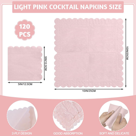 120 Pcs Cocktail Napkins Pink Scalloped Party Napkins Light Pink Cute Dessert Beverage Napkin for Wedding, Baby Bridal Shower, Birthday, 5 x 5 Inch