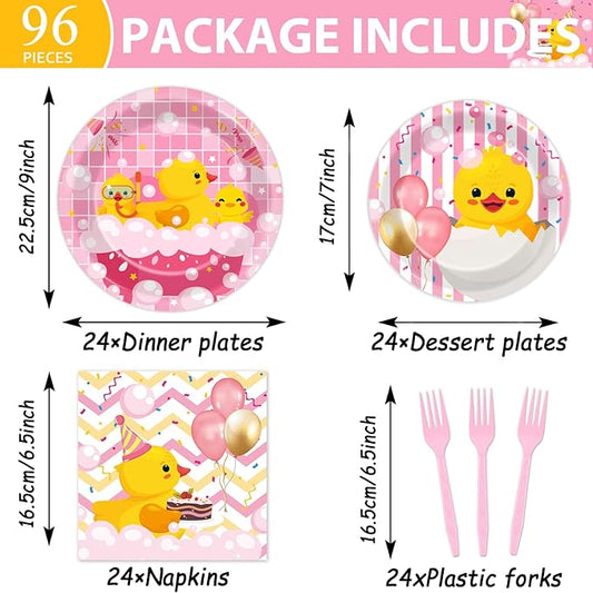 96Pcs Duck Birthday Party Supplies Pink Rubber Duck Paper Plates Napkins Duck Party Decorations Duck Themed Dinnerware Party Favor Girl Birthday Baby Shower Party Tableware Serves 24
