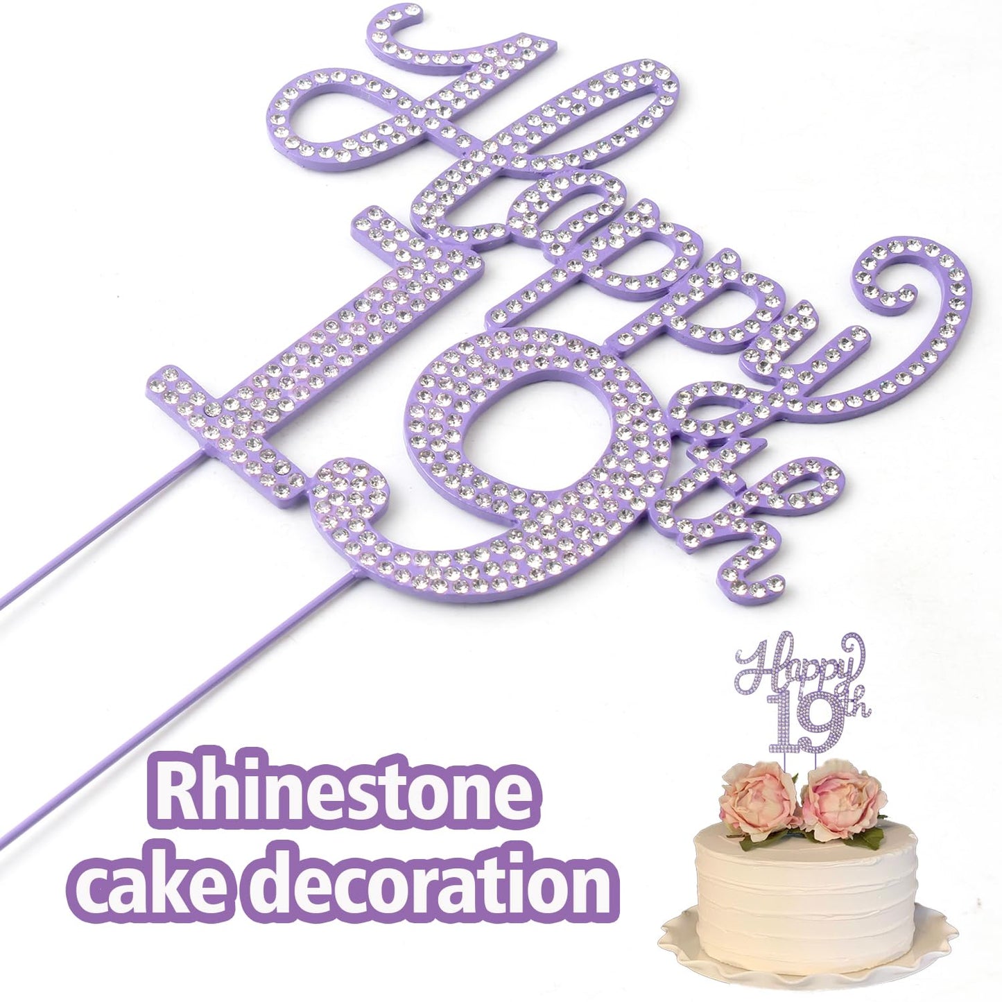 LASKYER Happy 19th Birthday Decorations,19th Birthday Purple Rhinestone Cake Topper - Cheers to Nineteen Years Old Bday Party Metal Sparkly Cake Centerpieces Sign.