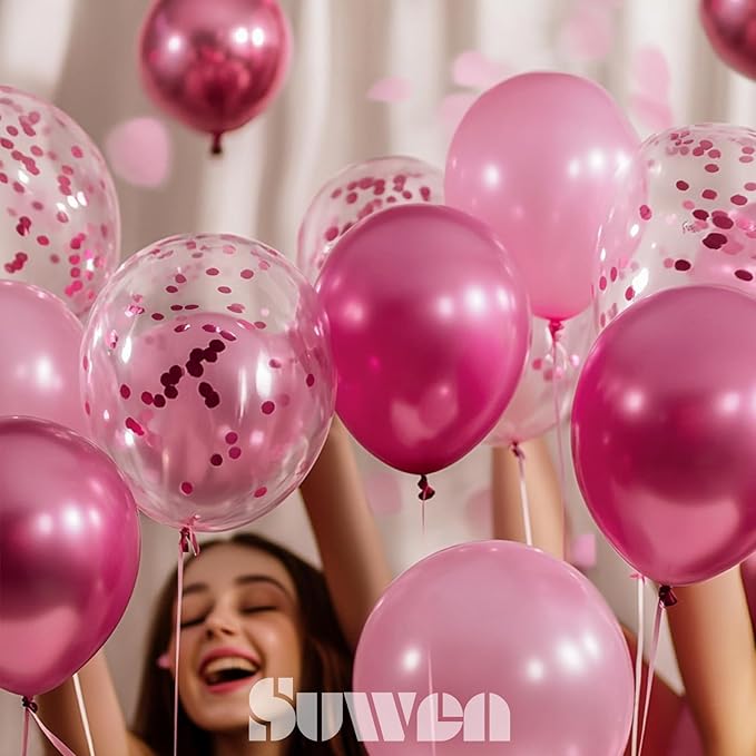 SUWEN Pink Metallic Balloons and Confetti Balloons Set 47PCS Latex Helium Chrome Hot Pink Balloon for Birthday Graduation Anniversary Wedding Party Decorations