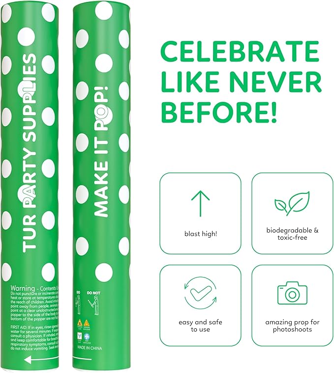Green Powder Cannons Smoke Bombs Biodegradable Poppers | 2 Pack | Launch up to 25 ft | 12 inch | Decorations For Photoshoots, Gender Reveal, Celebrations, Festivals, and Parties | TUR Party Supplies