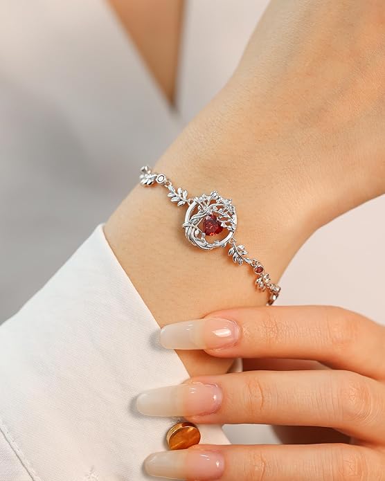 FANCIME Valentines Day Gift Tree of life Birthstone Bracelet for Women Sterling Silver Tree Jewelry Birthstone Charm Bracelet Gemstone Anniversary Birthday Gifts for Wife Mom Her