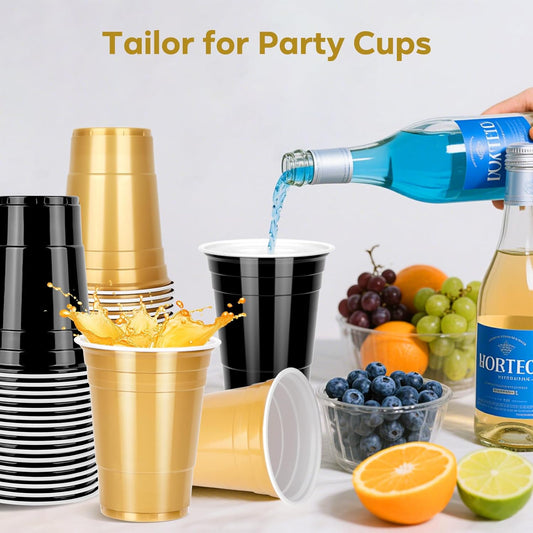 100PCS Black and Gold Plastic Cups, 16oz Disposable Party Cups Bulk Pack, BPA Free Drinkware for Soda Juice Beer Cold Drinks Suitable for Wedding Halloween Thanksgiving Christmas Birthday Celebrations